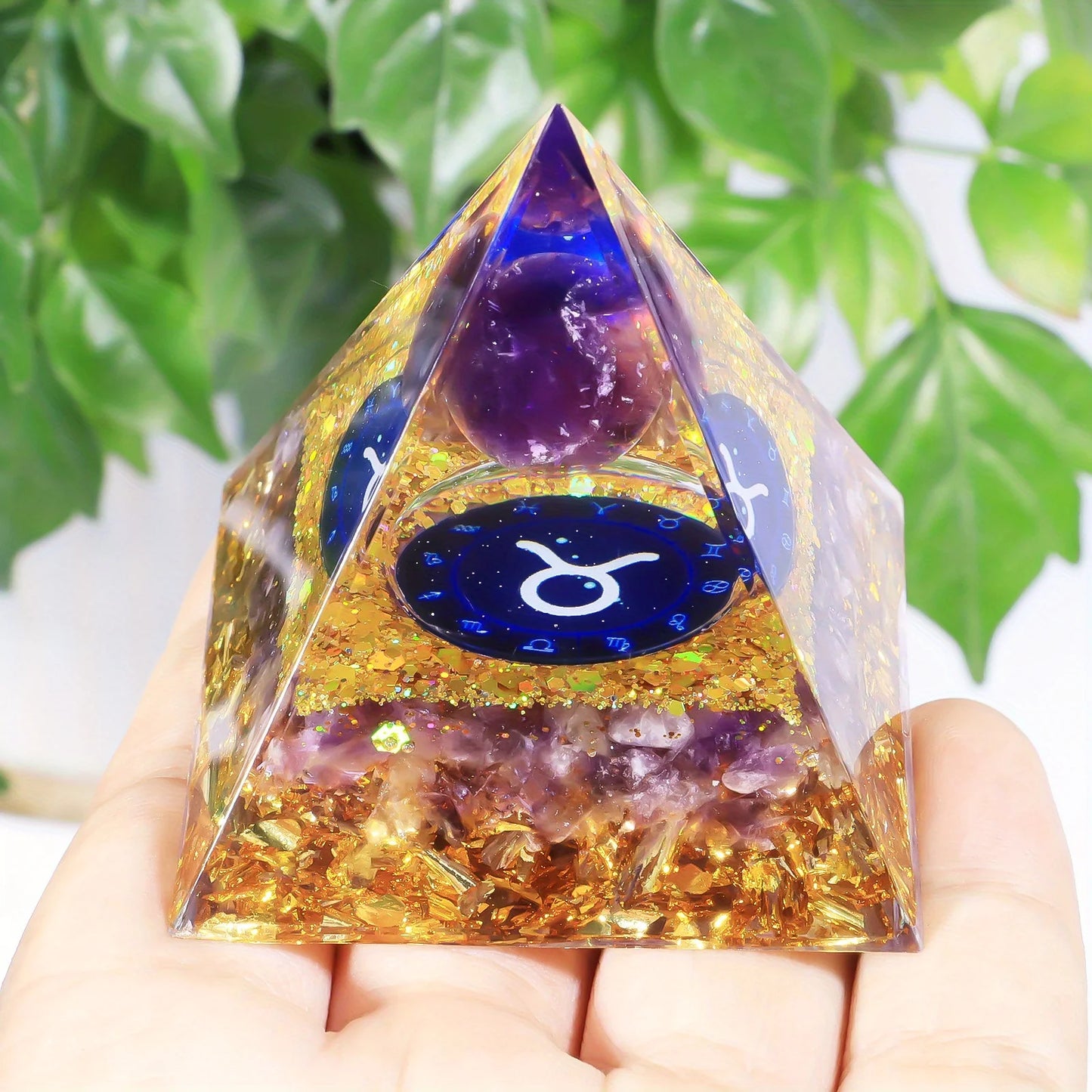 1pc Twelve Constellations Orgone Pyramid Amethyst Peridot Crystal Energy - Meditation Tool, Quartz Home Decor, Holiday Gifts