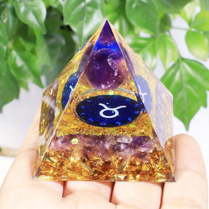 1pc Twelve Constellations Orgone Pyramid Amethyst Peridot Crystal Energy - Meditation Tool, Quartz Home Decor, Holiday Gifts