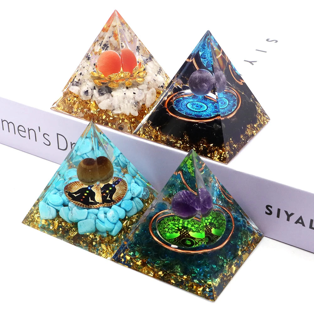 Natural Stone Energy Generator Pyramid Orgonite Peridot Amethyst Reiki Healing Crystal Chakra Resin Meditation Tool Room Decor